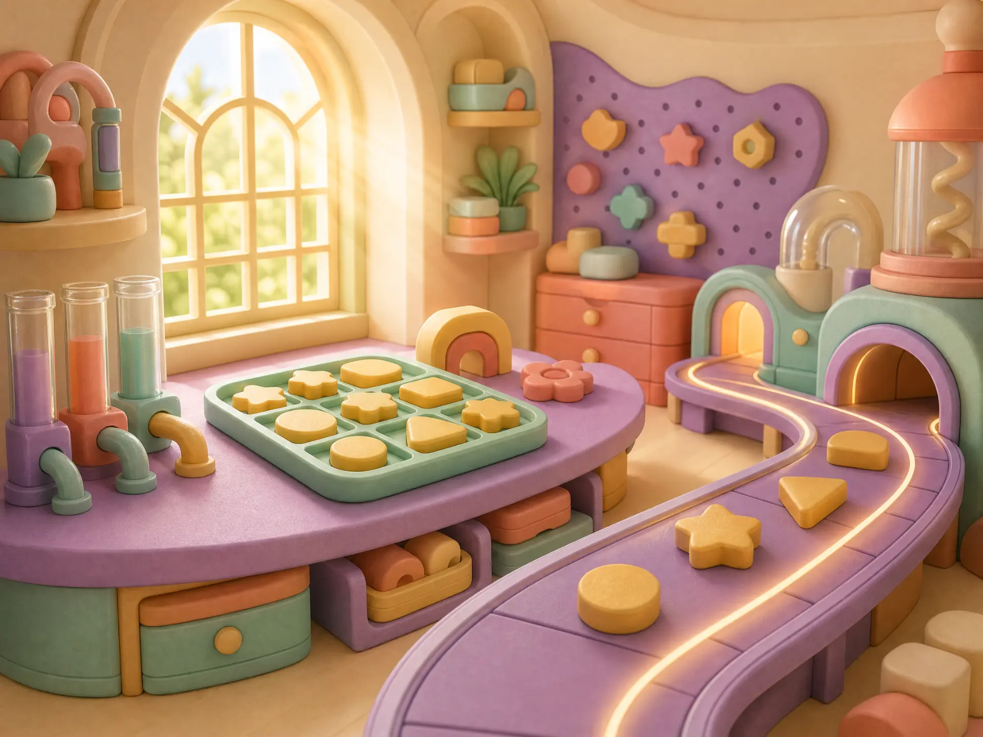 Inside the Fidget Foundry workshop, with a glowing conveyor line and rounded tactile shapes
